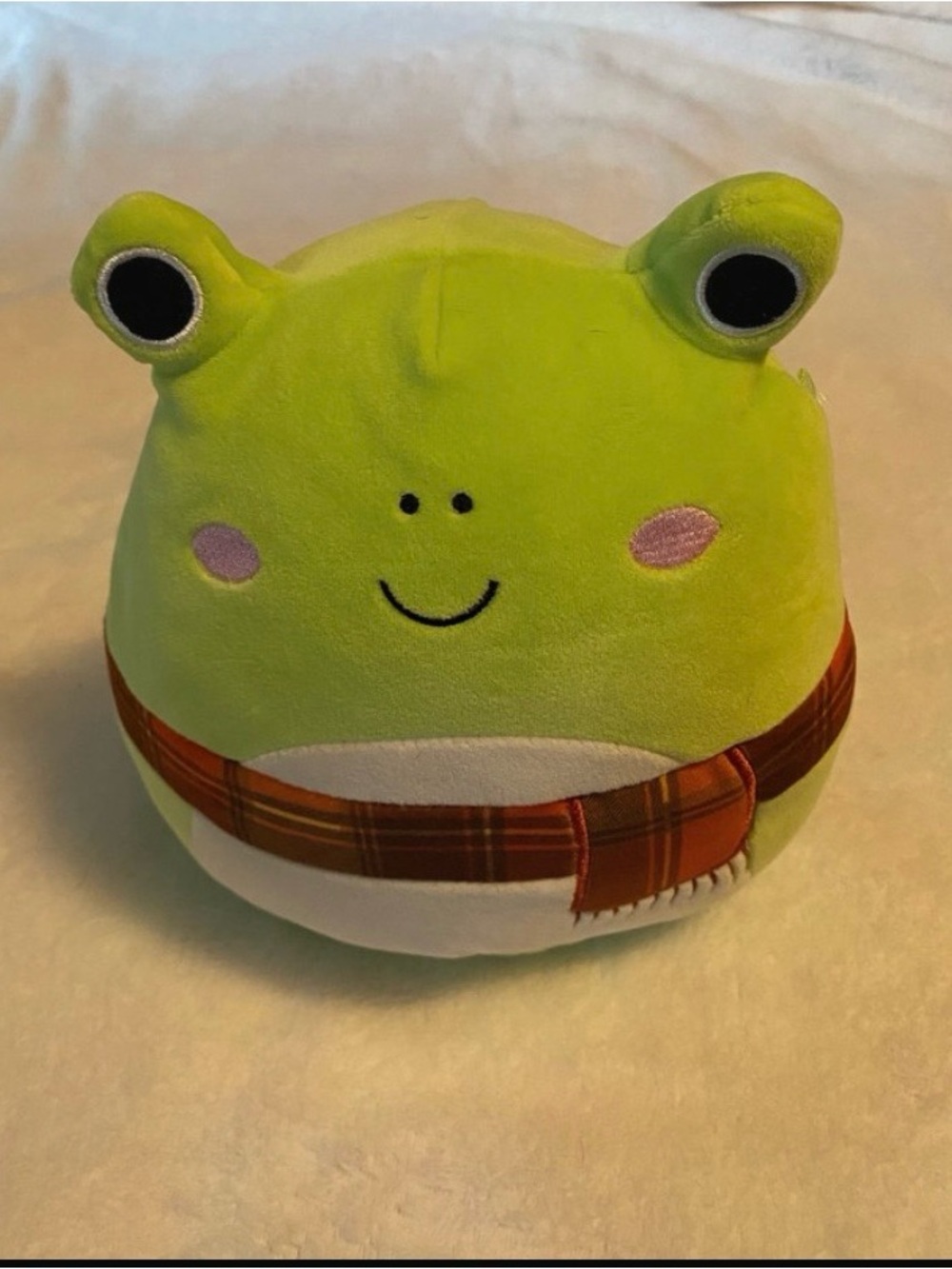 Squishmallows Lime Green Frog Plush with Pink Cheeks and Plaid Scarf